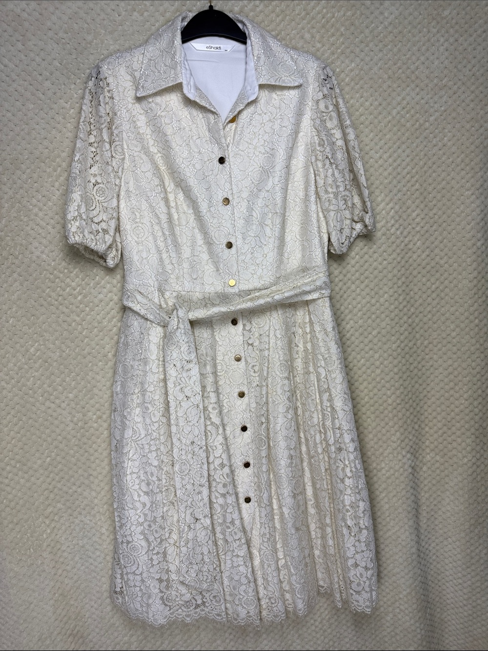 eshakti Cream Lace Button-Front Midi Dress with Self-Tie Belt